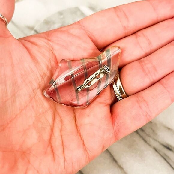 Vintage Iridescent Pink Art Glass Brooch Pin Black Stripe Abstract - Picture 3 of 4